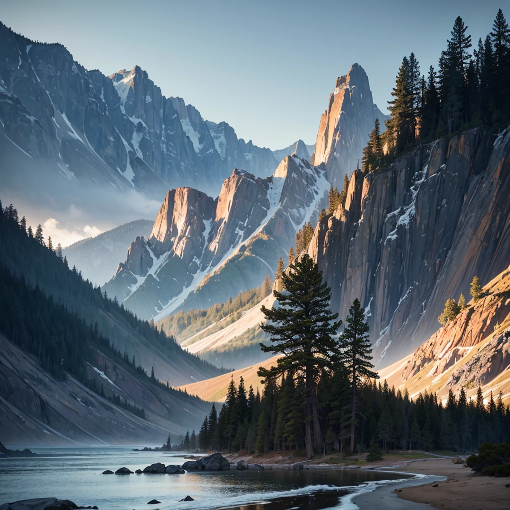 Create an album cover featuring a landscape that evokes the grandeur of California. The image should include towering mountains in the background with rugged peaks and a majestic presence. In the foreground, incorporate tall, dense trees such as pines and sequoias, capturing the essence of Californian forests. Use dark color tones to create a mysterious and deep atmosphere, with a palette including navy blue, dark green, brown, and touches of black. The sky should have a twilight hue, with heavy clouds and a subtle golden light from the setting sun. Add subtle elements that reference Californian culture, such as a winding road in the distance, vintage signage, or the silhouette of a surfer in the background. The image should convey the grandeur and natural beauty of California, with an introspective atmosphere and a touch of mystery.