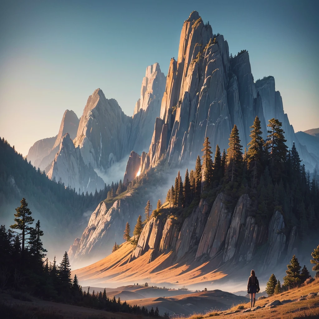 Create an album cover featuring a landscape that evokes the grandeur of California. The image should include towering mountains in the background with rugged peaks and a majestic presence. In the foreground, incorporate tall, dense trees such as pines and sequoias, capturing the essence of Californian forests. Use dark color tones to create a mysterious and deep atmosphere, with a palette including navy blue, dark green, brown, and touches of black. The sky should have a twilight hue, with heavy clouds and a subtle golden light from the setting sun. Add subtle elements that reference Californian culture, such as a winding road in the distance, vintage signage, or the silhouette of a surfer in the background. The image should convey the grandeur and natural beauty of California, with an introspective atmosphere and a touch of mystery.