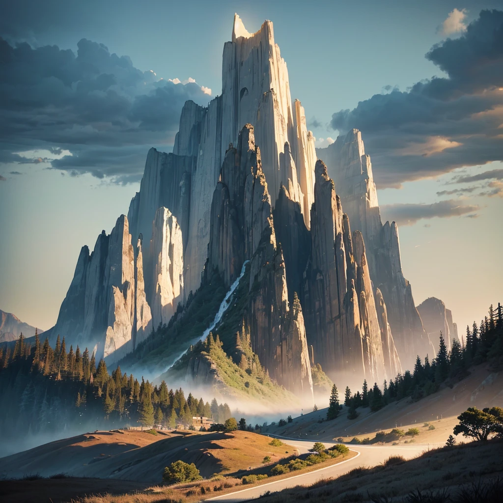 Create an album cover featuring a landscape that evokes the grandeur of California. The image should include towering mountains in the background with rugged peaks and a majestic presence. In the foreground, incorporate tall, dense trees such as pines and sequoias, capturing the essence of Californian forests. Use dark color tones to create a mysterious and deep atmosphere, with a palette including navy blue, dark green, brown, and touches of black. The sky should have a twilight hue, with heavy clouds and a subtle golden light from the setting sun. Add subtle elements that reference Californian culture, such as a winding road in the distance, vintage signage, or the silhouette of a surfer in the background. The image should convey the grandeur and natural beauty of California, with an introspective atmosphere and a touch of mystery.