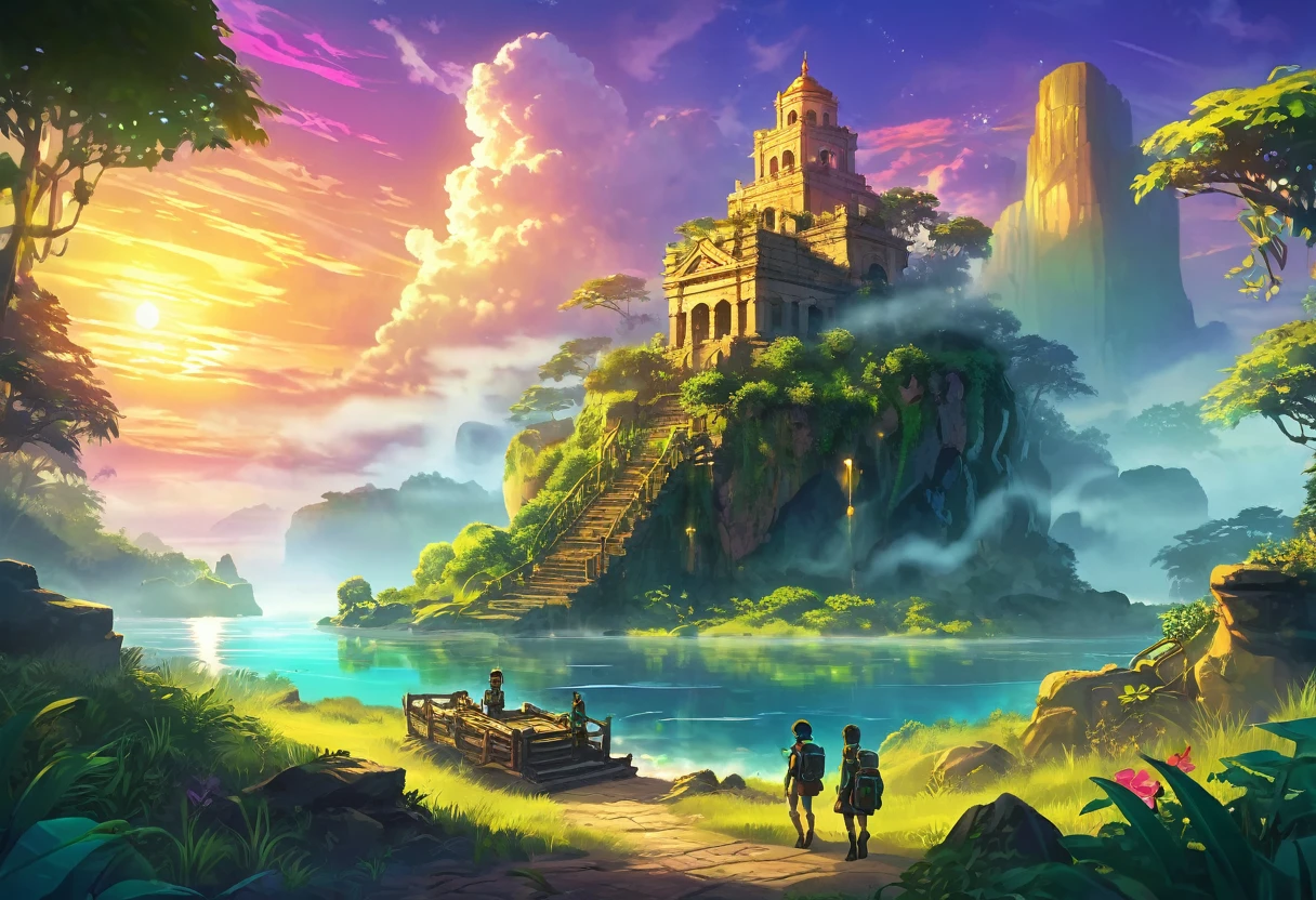Mysterious island with lush vegetation and ancient ruins at sunset. A group of researchers in various equipment in the foreground, ready for adventure. светящиеся артефакты и shimmering treasures, attention-grabbing. Warm golds and greens, emphasizing the atmosphere of mystery and adventure. digital painting, location, location из игры, большая location, glowing effects in the background, fog in the foreground with glow effects, colorful, cute style, anime style, огромная игровая location, shimmering treasures, attention-grabbing