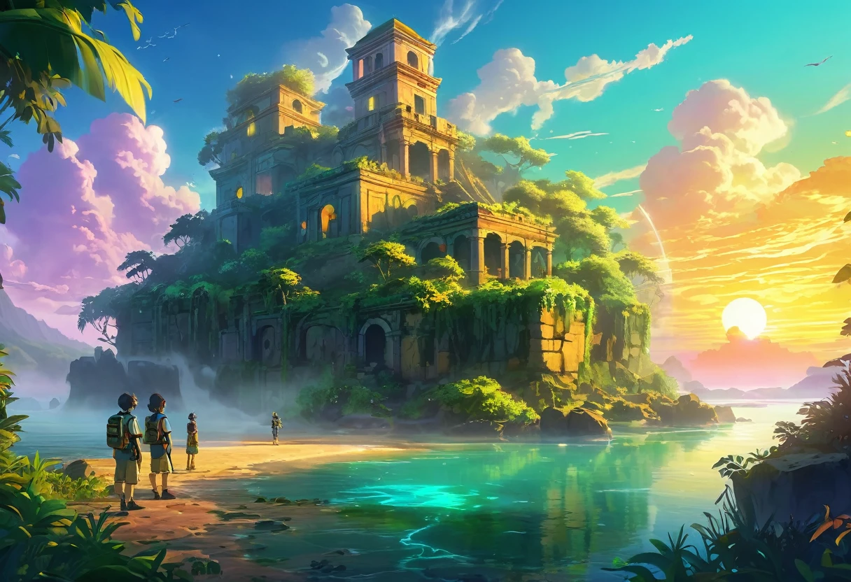 Mysterious island with lush vegetation and ancient ruins at sunset. A group of researchers in various equipment in the foreground, ready for adventure. светящиеся артефакты и shimmering treasures, attention-grabbing. Warm golds and greens, emphasizing the atmosphere of mystery and adventure. digital painting, location, location из игры, большая location, glowing effects in the background, fog in the foreground with glow effects, colorful, cute style, anime style, огромная игровая location, shimmering treasures, attention-grabbing