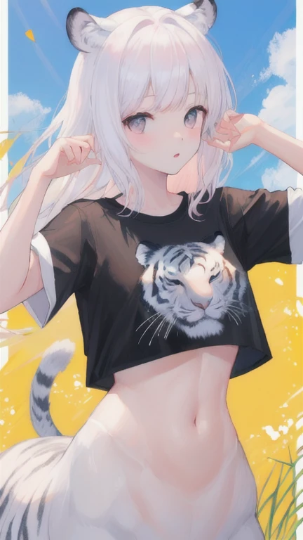 (best quality, masterpiece), 1 girl, centaur, It takes, White skin, Korean ,daughter, black pink, exposing the abdomen, belly button t-shirt , 아름다운 소녀 Perfect wild white tiger photo, Perfect wild white tiger photo