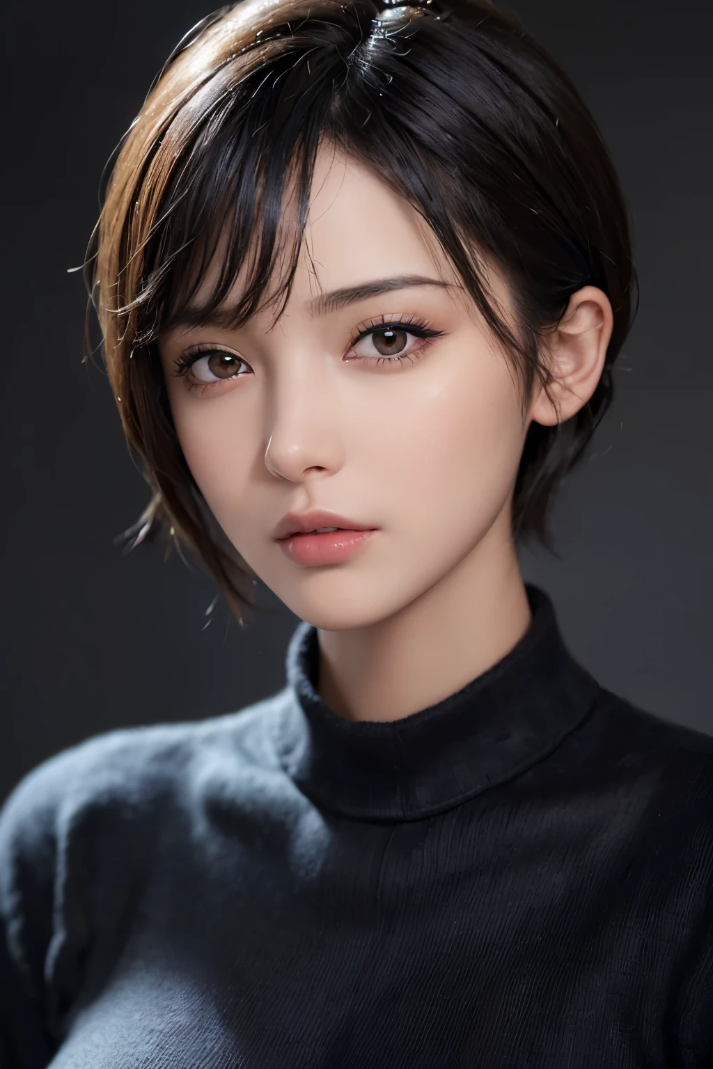 (masterpiece:1.3), (8k, photorealistic, RAW photo, best quality: 1.4), (1girl), beautiful face, (realistic face), (black hair, short hair:1.3), beautiful hairstyle, realistic eyes, beautiful detailed eyes, (realistic skin), beautiful skin, (sweater), absurdres, attractive, ultra high res, ultra realistic, highly detailed, golden ratio