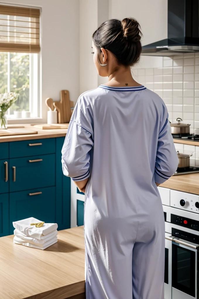 Seen from behind, a young woman standing, in pyjamas, in her right kitchen, a box of tissues on the table, calling with her Phone.