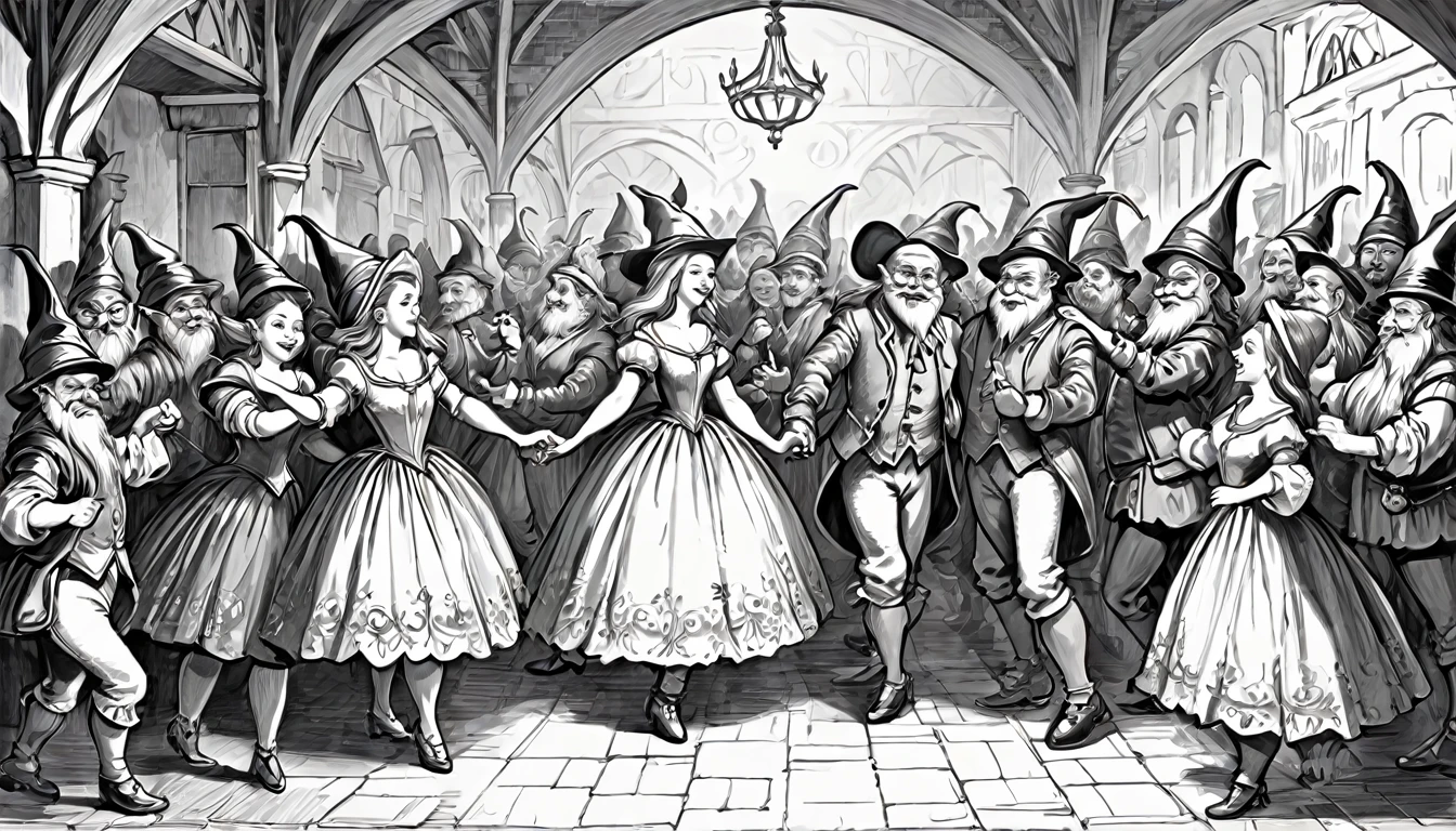 social dancing, fantasies, 17th century, ladies and gentlemen, elves, People, gnomes and dwarves, Ink drawing