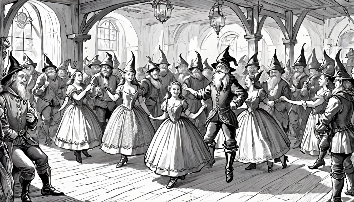 social dancing, fantasies, 17th century, ladies and gentlemen, elves, People, gnomes and dwarves, Ink drawing