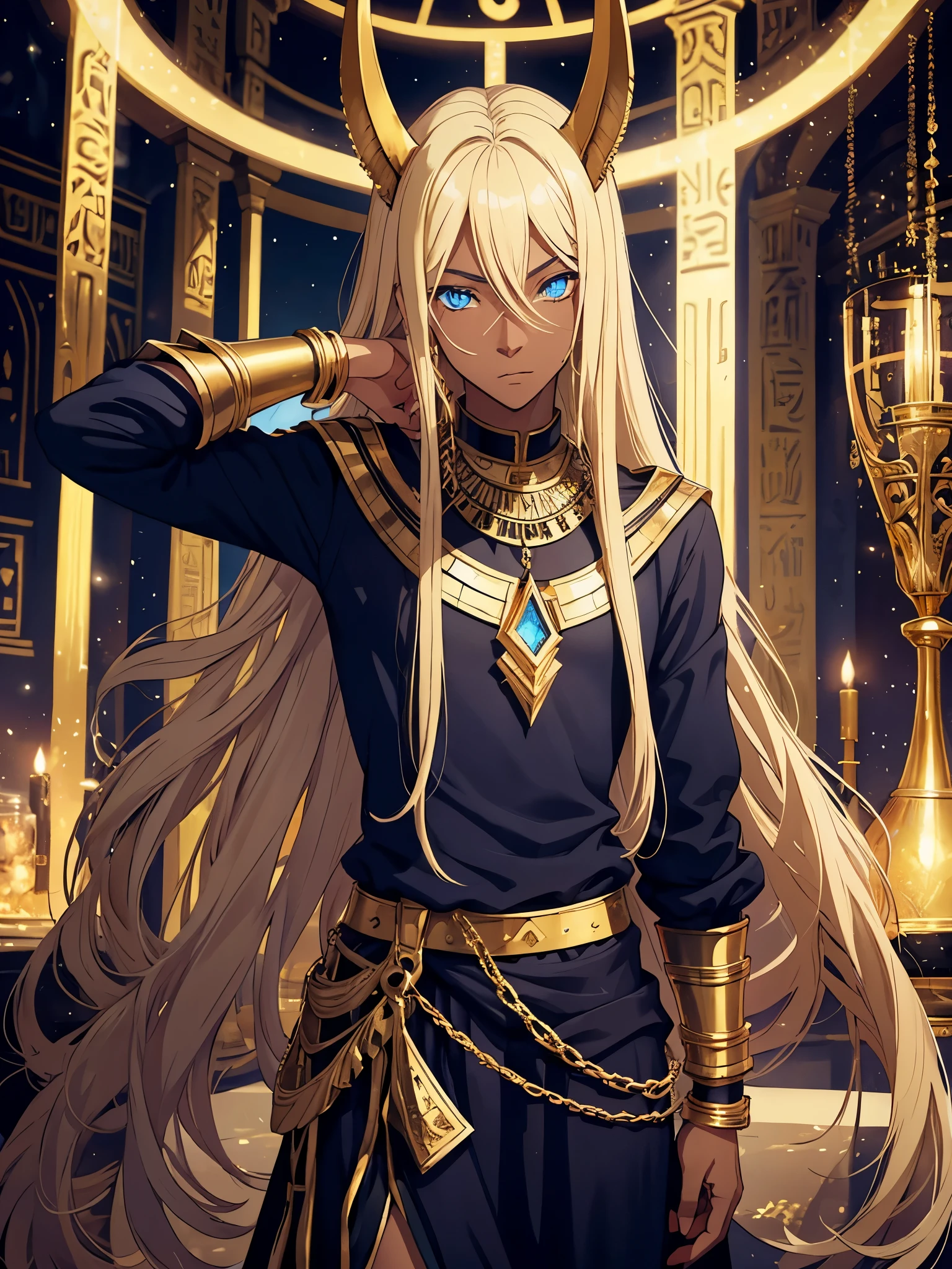 Teenage boy. Egyptiane Gottheit Anubis. Egyptiane Kleidung. long blond hair. Lots of gold jewelry. dark skin. Egyptian. dazzling blue eyes. mystical. divine.