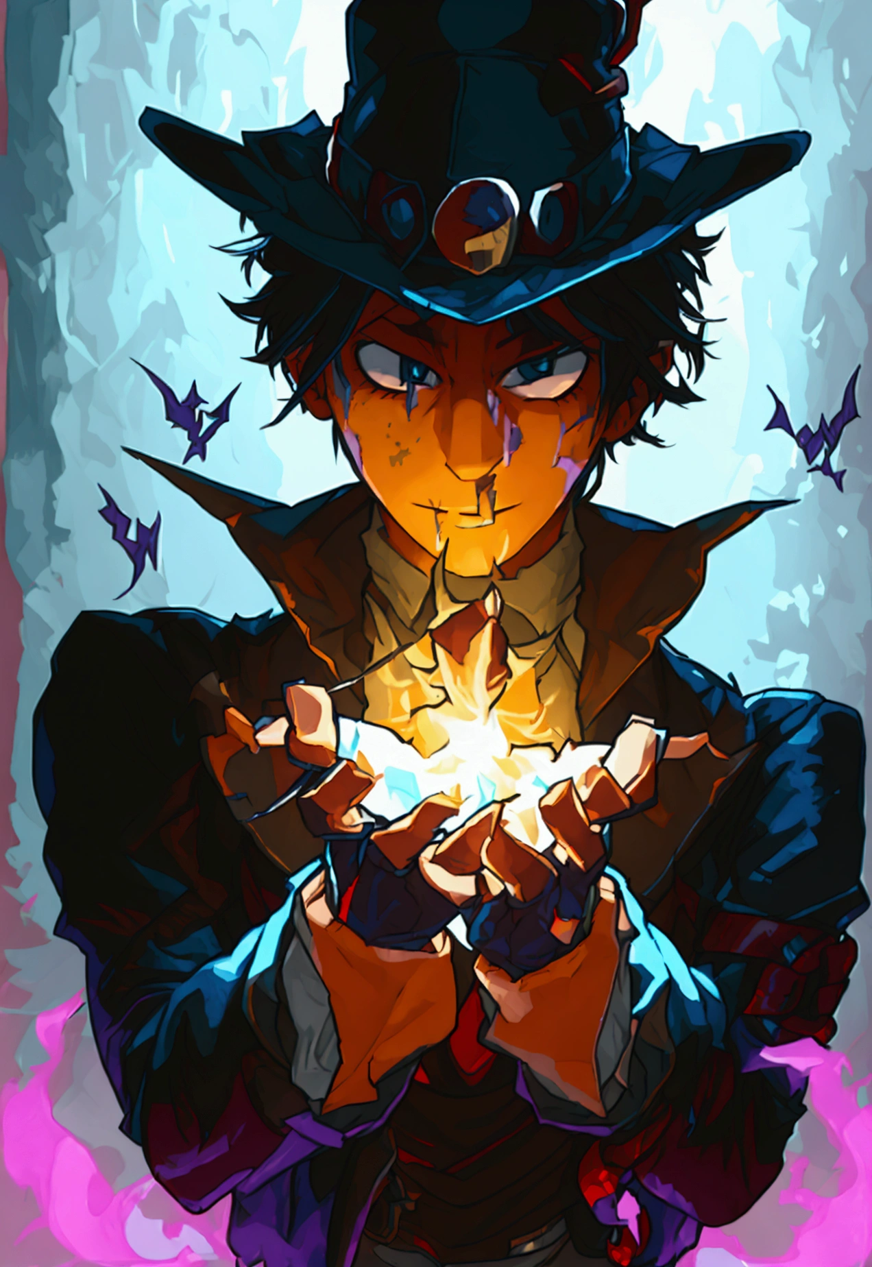 I need a magician (naughty man) wearing gloves with the hands in the center of the body as if showing something by putting the hands together, with the hat covering your face, while energy comes out over your hands and there are small demons watching from behind your shoulder and flying over the region