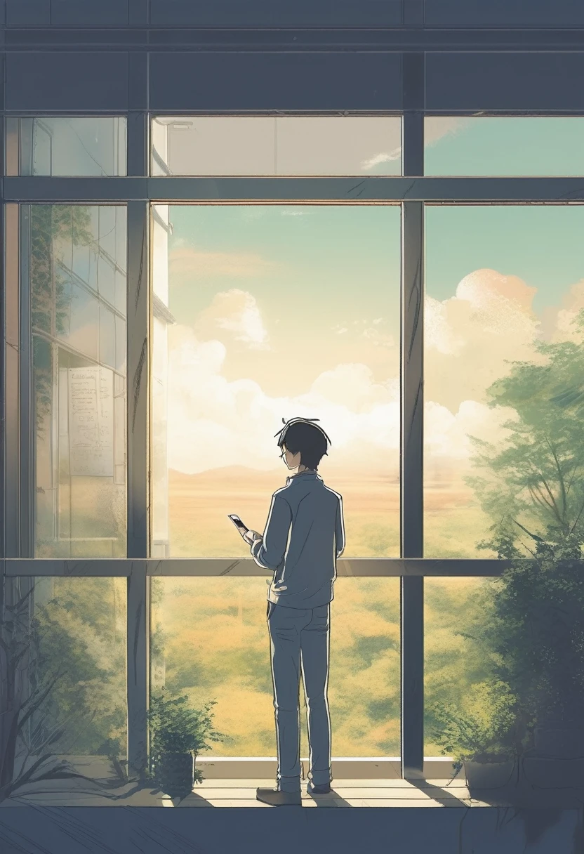 Create a Makoto Shinkai-style photo of a programmer standing near a window. He is looking at his cell phone while admiring the nature outside the window., Drawing in the style of Makoto Shinkei&#39;s anime. There is a beautiful view of nature beyond the window..There is a hot cup of coffee near the desk.