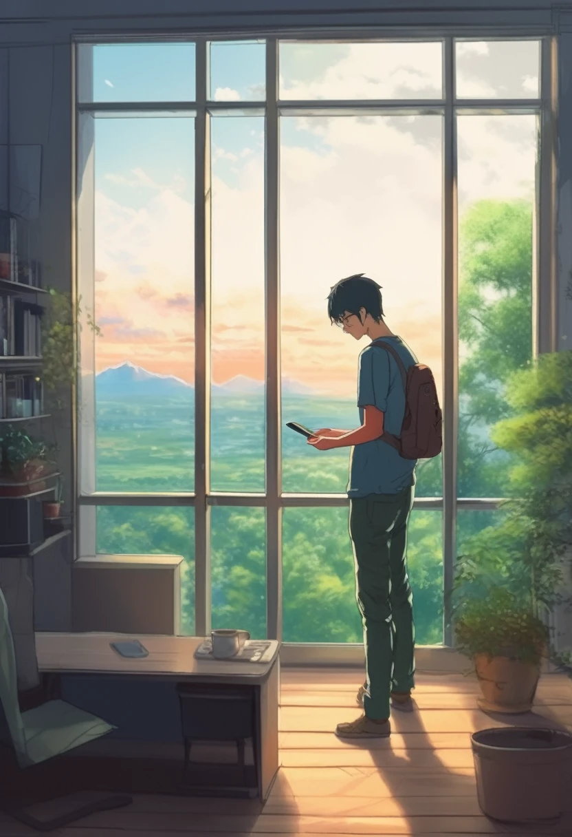 Create a Makoto Shinkai-style photo of a programmer standing near a window. He is looking at his cell phone while admiring the nature outside the window., Drawing in the style of Makoto Shinkei&#39;s anime. There is a beautiful view of nature beyond the window..There is a hot cup of coffee near the desk.