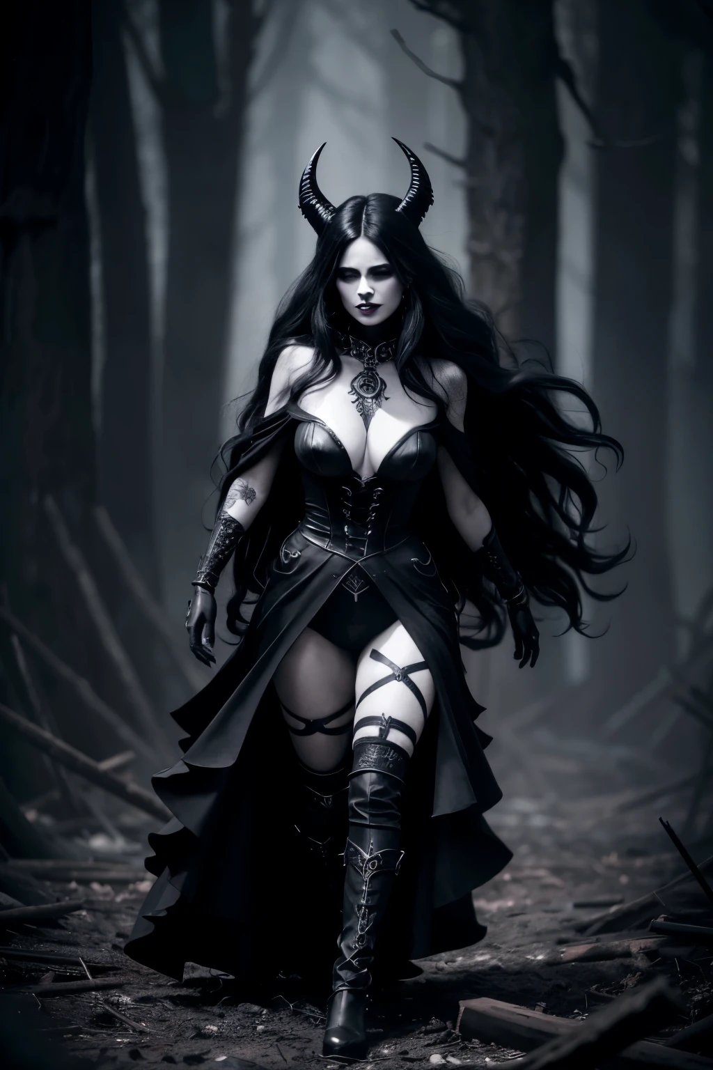 a semi demoniac woman creature with purple skin and long black wavy hair, black gothic style, highly detailed, (((matte black paint))), splash art, dripping, running across a bonfire of flesh and blood casting huge shadows, dark silhouette, mystery, skull, mist, fog, gothic, black skull, gothic style, highly detailed, intricate detail,