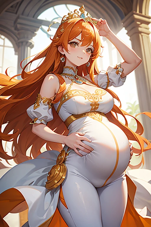 1 Beautiful Pregnant princess, orange hair, white off the shoulder dress, ornate white leggings, cleavage, tight waist, flipping her hair