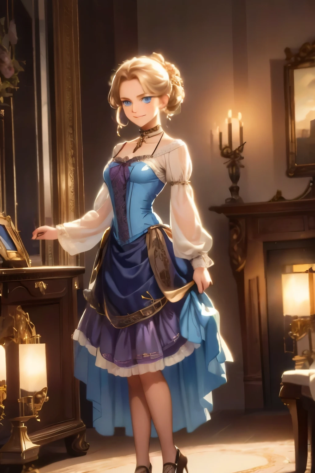 village realisticlying、Virginia Otis 15-year-old blonde hair blue eyes、City of victorian age, Europe. aristocrat girl、Looking up from below、 wear long sleeve sheer fabric dress、Various dynamic  sexy poses、Face smile、cute face, Depicts the whole body、