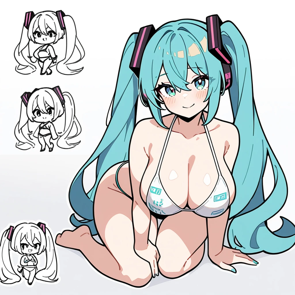 1Girl, hatsune miku, smile ,big breasts, bikini, looking at viewer, masterpiece, aesthetic, newest,(illustration),line art,white outline,chibi,full body, effect
