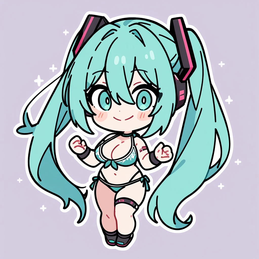 1Girl, hatsune miku, smile ,big breasts, bikini, looking at viewer, masterpiece, aesthetic, newest,(illustration),line art,white outline,chibi,full body, effect