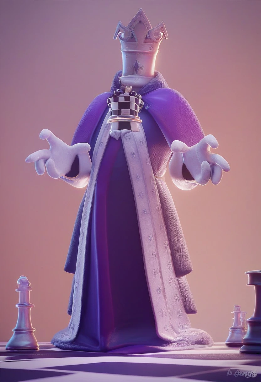 kinger, solo, 1boy looking at viewer, blue eyes, no humans, king chess piece, purple kings robe, invisible arms, white gloves, wide eyed, 3d source, alive, eyeballs on chess piece,