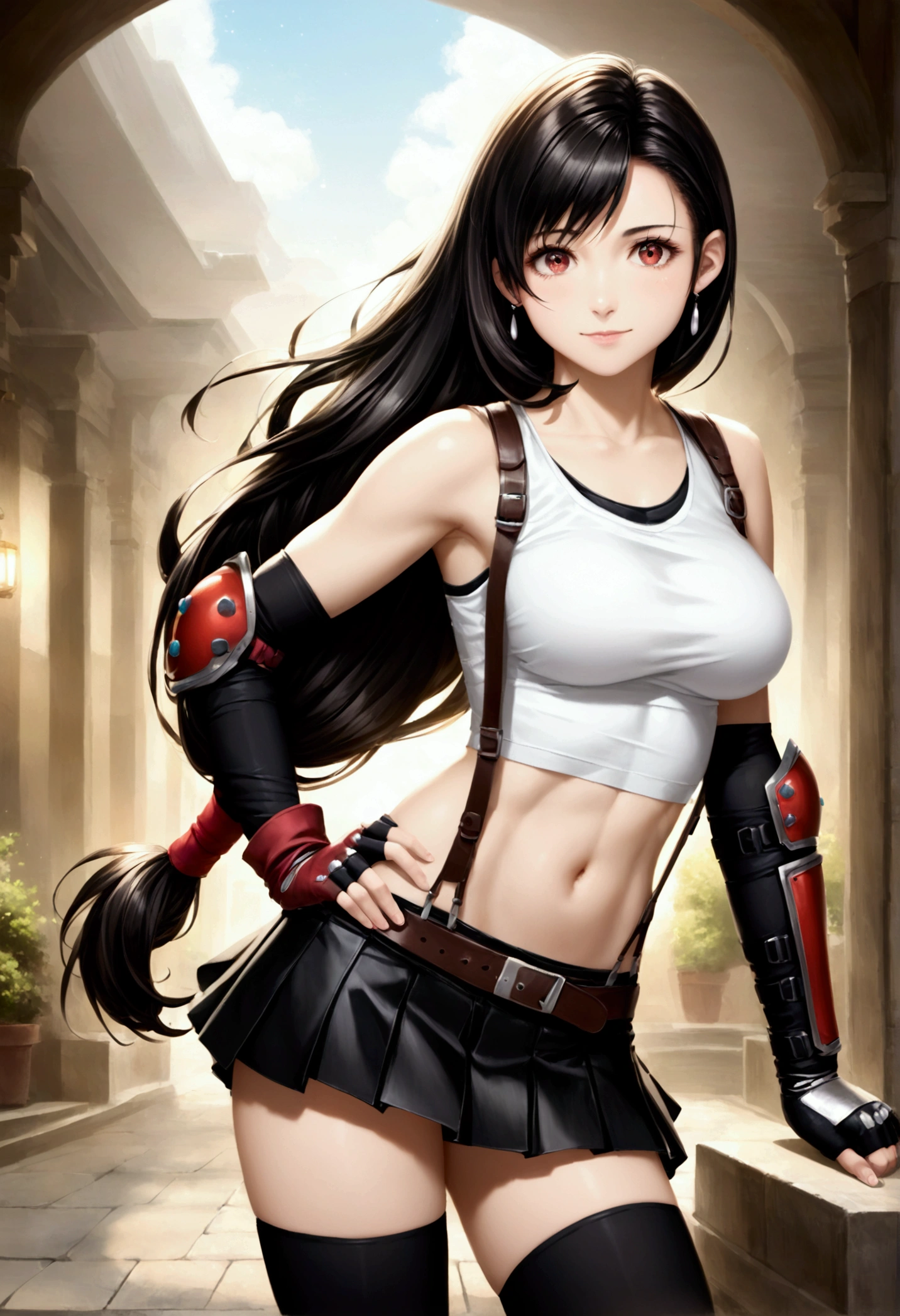 score_9, score_8_up, score_7_up,,BREAK , ,from side,front view,side angle,pov,,,standing,contrapost,upperbody ,,straight-on,Solo,1girl, tifa lockhart, final fantasy,ultra beautiful ,black hair, low-tied long hair, red eyes, bangs, (white tank top,gap),High exposure,Belly exposure,the ribs,(belt, pleated skirt, thighhighs, elbow fingerless gloves, elbow pads, midriff, navel,suspenders.skirt),beautiful waist ,((large_breast:1.3)),light smile,,hand on own hip,daytime,outdoor,(ultra detailed),(best quality),(aesthetic,very aesthetic),UHD,photorealistic,game cg.extremely detailed CG unity 8k wallpaper,anime,depth of field,,,