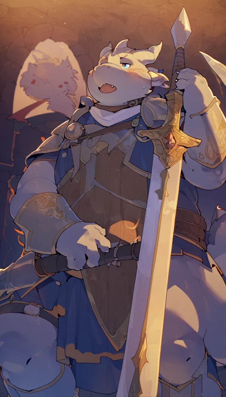 Dragon, male, furry anime,fat, chubby,perfect body,paladin,wearing Medieval adventure equipment ,A heavy greatsword on the back, heavy Shield, medieval times,anthro,doujin,yaoi,fantasy,isekai, adventure, by quanjiang, masterpiece 