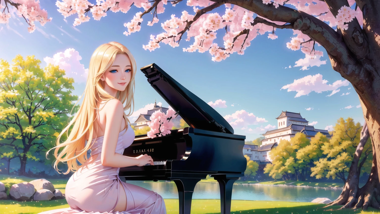 a beautiful blonde girl smiling, with stunning blue eyes, playing a grand piano under a blooming cherry blossom tree with vibrant colors, masterpiece, (best quality,4k,8k,highres,masterpiece:1.2),ultra-detailed,(realistic,photorealistic,photo-realistic:1.37),intricate details,exquisite textures,soft lighting,warm color palette,cinematic composition,dramatic lighting,dramatic pose,elegant,graceful,serene,peaceful,calming,fantasy,digital painting,oil painting,photorealistic,highly detailed