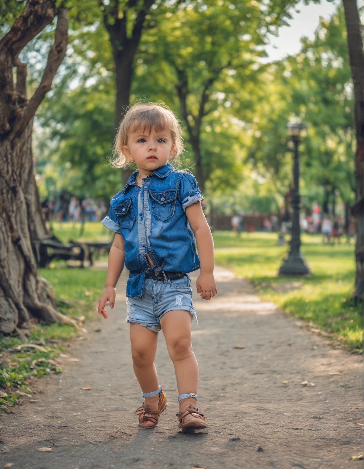 a 2   is playing in a park wearing high fashion denim shorts high fashion denim blouse in a wonderful place to see high quality images full hd 4k