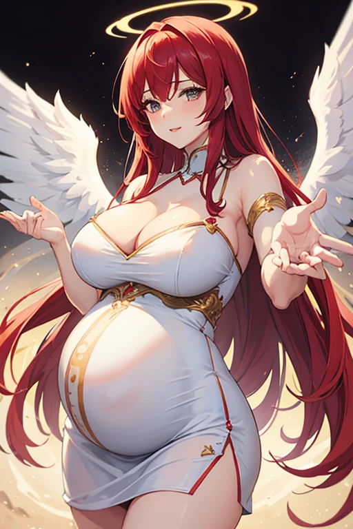 Sexy pregnant motherly angel, sexy motherly pose, mature, red hair, angel wings, beautiful angelic white dress with gold designs, motherly face, reaching out her hand