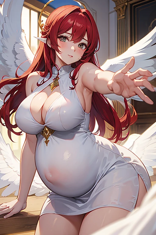 Sexy pregnant motherly angel, sexy motherly pose, mature, red hair, angel wings, beautiful angelic white dress with gold designs, motherly face, reaching out her hand