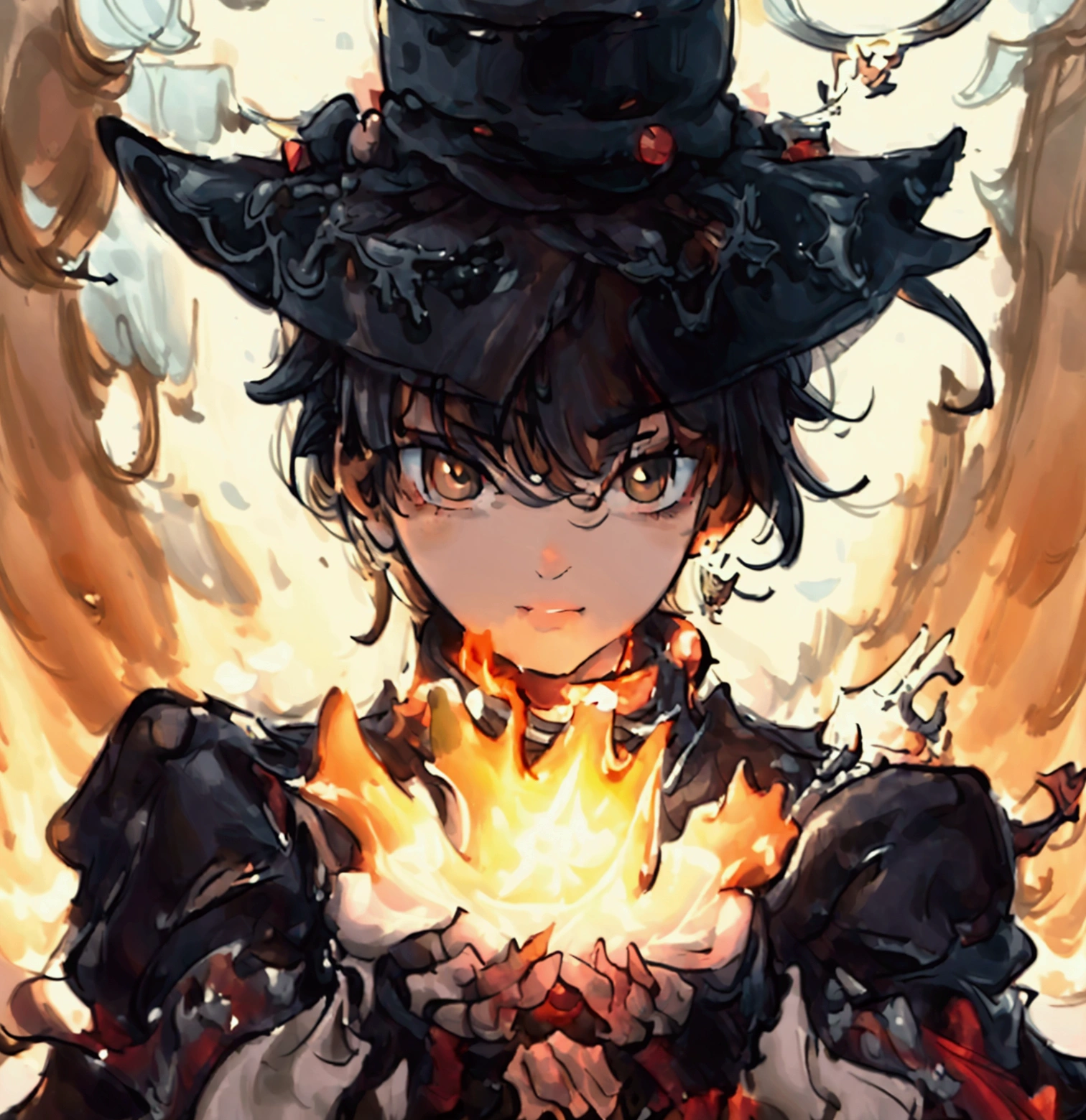 I need a magician (naughty man) wearing gloves with the hands in the center of the body as if showing something by putting the hands together, with the hat covering your face, while energy comes out over your hands and there are small demons watching from behind your shoulder and flying over the region