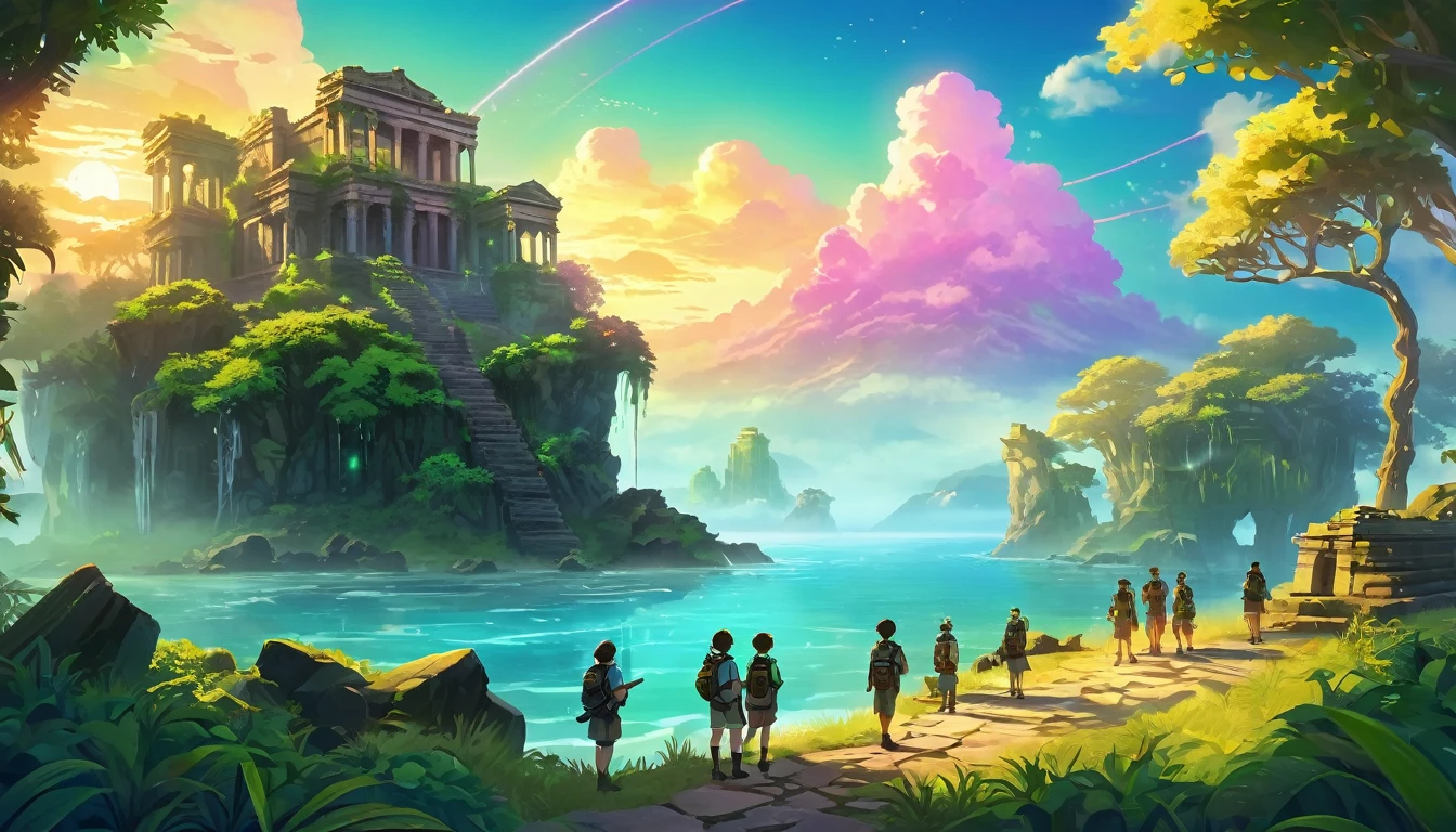 Mysterious island with lush vegetation and ancient ruins at sunset. A group of researchers in various equipment in the foreground, ready for adventure. светящиеся артефакты и shimmering treasures, attention-grabbing. Warm golds and greens, emphasizing the atmosphere of mystery and adventure. digital painting, location, location из игры, большая location, glowing effects in the background, fog in the foreground with glow effects, colorful, cute style, anime style, огромная игровая location, shimmering treasures, attention-grabbing