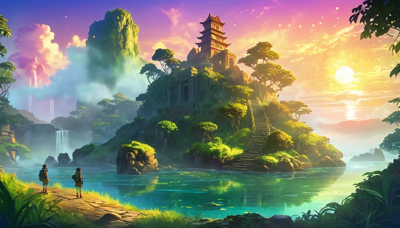 Mysterious island with lush vegetation and ancient ruins at sunset. A group of researchers in various equipment in the foreground, ready for adventure. светящиеся артефакты и shimmering treasures, attention-grabbing. Warm golds and greens, emphasizing the atmosphere of mystery and adventure. digital painting, location, location из игры, большая location, glowing effects in the background, fog in the foreground with glow effects, colorful, cute style, anime style, огромная игровая location, shimmering treasures, attention-grabbing