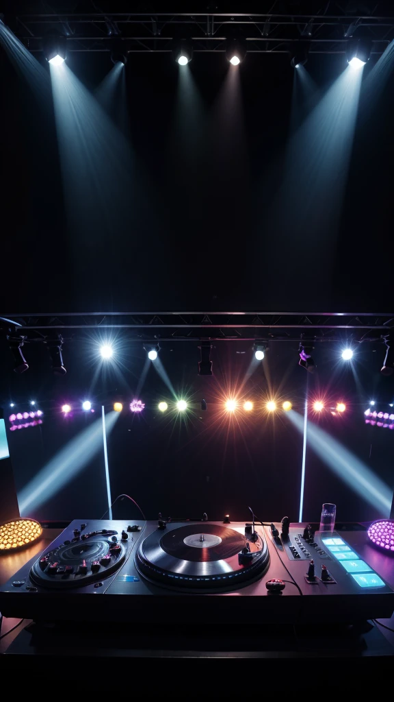 stage with lights, turntable, dj mixer, laptop