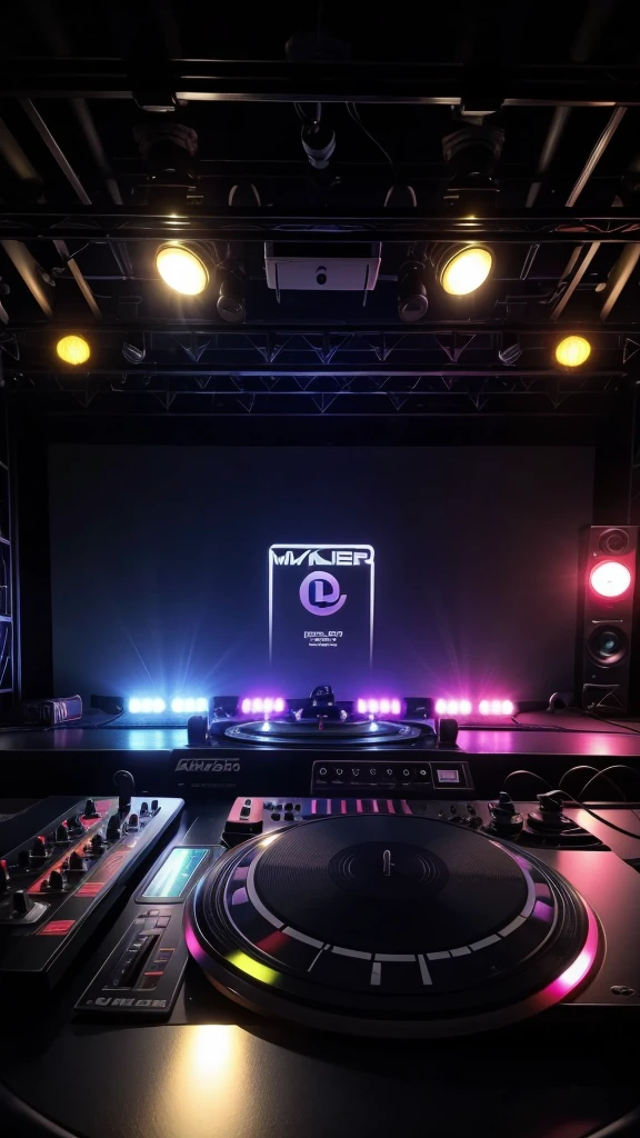 stage with lights, turntable, dj mixer, laptop