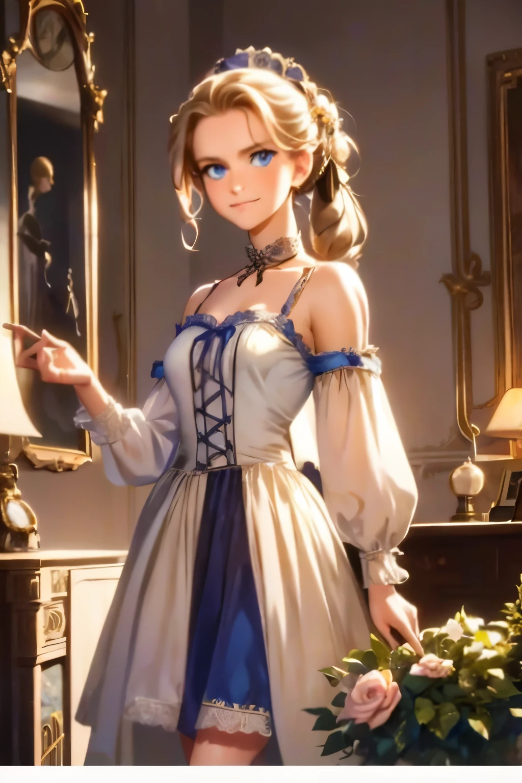 village realisticlying、Virginia Otis 15-year-old blonde hair blue eyes、City of victorian age, Europe. aristocrat girl、Looking up from below、 wear long sleeve sheer fabric dress、Various dynamic sexy poses、Face smile、cute face, Depicts the whole body、