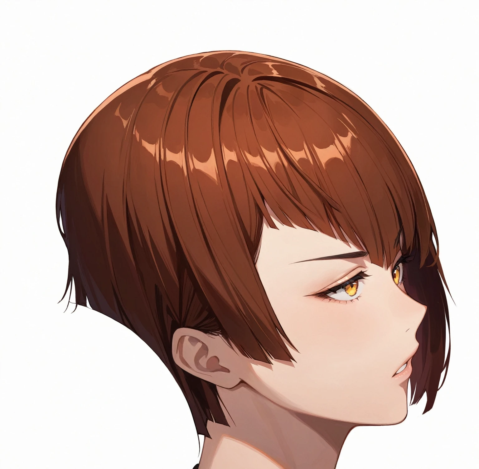 1girl, ((((boyish)))), beautiful detailed eyes, beautiful detailed lips, extremely detailed eyes and face, short hairstyle, deep side part, hair over half face, asymmetrical haircut, shiny hair, detailed hair, ((tomboy)), edgy, frowning, seinen anime style, (best quality,4k,8k,highres,masterpiece:1.2),ultra-detailed,vibrant colors,dramatic lighting