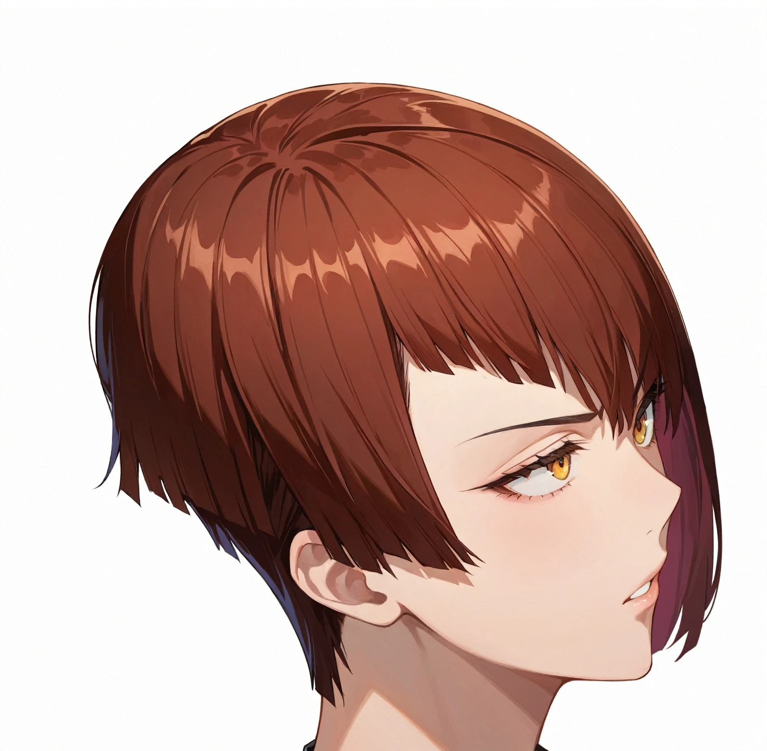 1girl, ((((boyish)))), beautiful detailed eyes, beautiful detailed lips, extremely detailed eyes and face, short hairstyle, deep side part, hair over half face, asymmetrical haircut, shiny hair, detailed hair, ((tomboy)), edgy, frowning, seinen anime style, (best quality,4k,8k,highres,masterpiece:1.2),ultra-detailed,vibrant colors,dramatic lighting