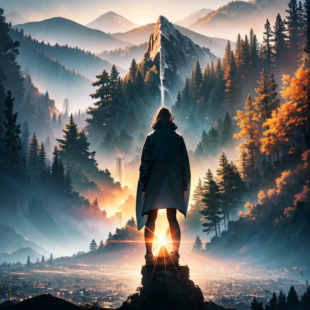 Create an album cover featuring a landscape that evokes the grandeur of California. The image should include towering mountains in the background with rugged peaks and a majestic presence. In the foreground, incorporate tall, dense trees such as pines and sequoias, capturing the essence of Californian forests. Use dark color tones to create a mysterious and deep atmosphere, with a palette including navy blue, dark green, brown, and touches of black. Prominently feature the iconic Hollywood sign nestled among the hills, adding a cultural landmark to the scene. The sky should have a twilight hue, with heavy clouds and a subtle golden light from the setting sun. Add subtle elements that reference Californian culture, such as a winding road in the distance, vintage signage, or the silhouette of a surfer in the background. The image should convey the grandeur and natural beauty of California, with an introspective atmosphere and a touch of mystery.