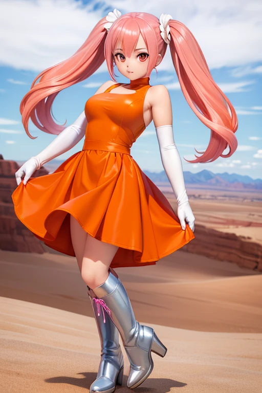 Perfect Anatomy　Highest quality,Highest Resolution,(((Orange One Piece Dress　Long skirt　Silver Boots　White Opera Gloves　pink hair)))　Twin tails　Red Eye　F Cup　18-year-old　end of the century　desert