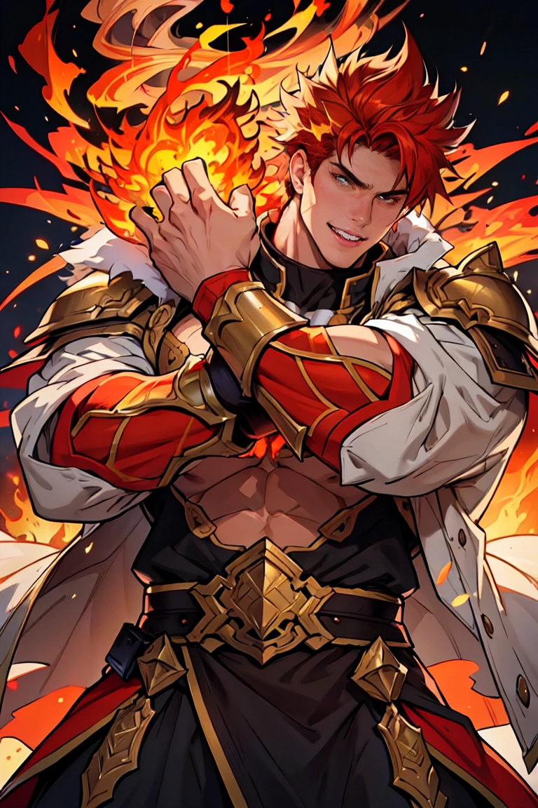 I have golden eyes, just like my friend Ares. I have bright orange hair, the color of a sunset. My skin is the perfect shade of light golden and I have pointed ears. I am quite tall and have a muscular body. I'm pretty cute if I do say so myself, which I do. Brown beard. Horns. Piercings. Wearing clothes fitted for a demon Prince. Short hair. Black and gold robe. Full beard. Full oval face with strong jaw.