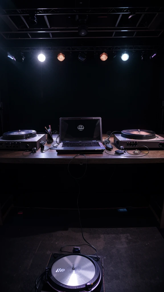 stage with lights, turntable, dj mixer, laptop