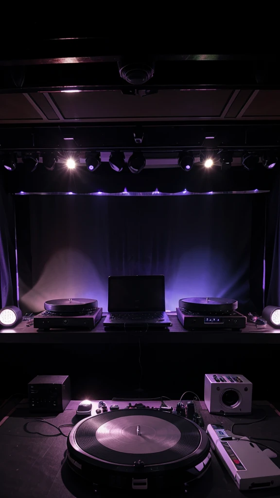 stage with lights, turntable, dj mixer, laptop