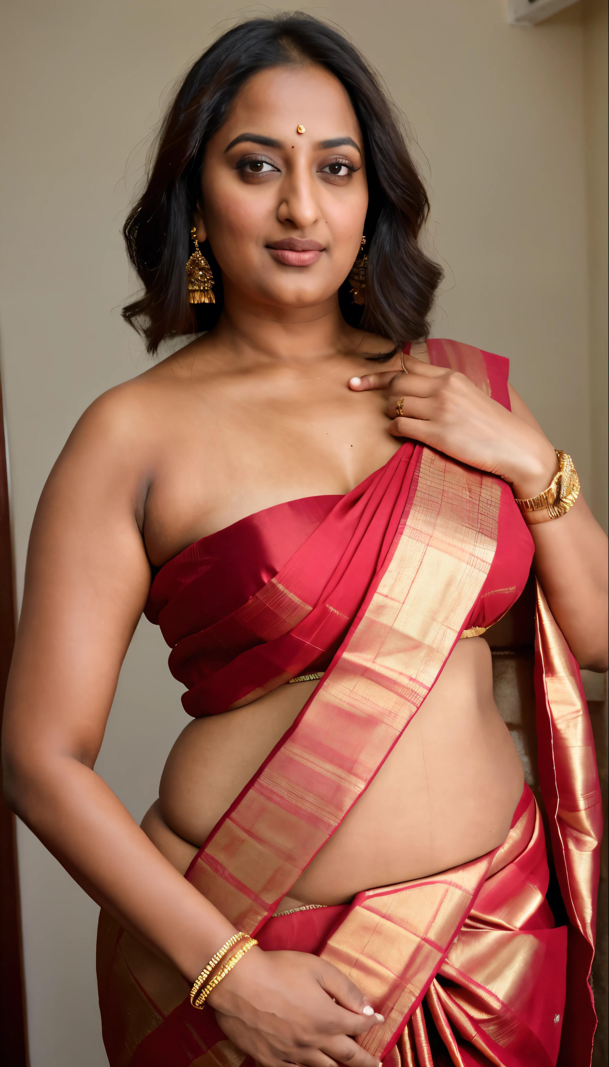 Foto RAW, photorealistic, photography, full body shot, 50 years old Woman, master shot, perfect eyes, goddess like beauty, pierced eyes, perfect thick chubby mallu Desi aunty bhabhi, Wearing a Stanapatta, a chest-band.Saree model, model Photography, Indian saree shoot, Indian traditional wear advertising photography, traditional wear brand shoot, face of Indian actress Sonakshi Sinha, masterpiece, realistic, realism, incredible details, pleasure, photorealism, detailed skin, skin pores, high contrast, photorealistic Artstation 8k HD digital art trend of high definition and detailed realistic skin texture, ultra detail, realistic skin texture, armature, best quality, ultra high definition, (photorealistic:1.4),, high resolution, detail, raw photo, sweat, Re sharp, by Lee Jefferies Nikon D850 Film Stock Photo 4 Kodak Portra 400 Camera F1.6 Lens Rich Color Ultra Real Realistic Realistic Textures Dramatic Lighting Unreal Engine Trending at Art Station Cinestill 800,(pele altamente detalhada: 1.2), 8k UHD, DSLR, soft-lighting, alta qualidade, grain of film, Fujifilm XT3,she didn't like to wear blouse or bra, she is happy to wear only saree, she hates blouse or bra, detailed hairy armpits, hyper realistic skin, skin pores, sweat, veins, short hairs on armpit, stubble armpits, hyper realistic hairy armpits, low waist saree,