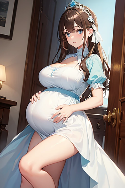Sexy pregnant princess, elegant tight light blue dress with white details, brown hair, blue eyes