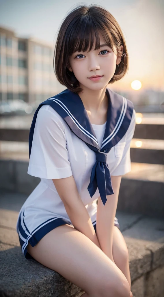 (highest quality,8K quality,masterpiece:1.3),(超High resolution,photorealistic:1.4,Live shooting),(Super detailed,caustics,detailed background),(ultra-realistic capture,Beautifully detailed skin,perfect anatomy),at dusk,sunset sky,school building,schoolyard,10 years old,cute,single eyelid,black short hair,sailor suit、attractive thighs、,Looking at the camera,A sloppy smile,bust up shot,Natural light、Ulchan-6500-v1.1, (RAW photo:1.2), (realistic:1.4), beautiful detailed girl, very detailed eyes and face, beautiful and fine eyes, That&#39;s ridiculous, incredibly That&#39;s ridiculous, huge file size, Super detailed, High resolution, very detailed, highest quality, masterpiece, Kemomimi, ((Japanese girls&#39; high school uniform)), figure, very detailed, cg, unified, 8k wallpaper, wonderful, small details, masterpiece, highest quality, very detailed cg uniform 8k wallpaper, light shines on your face, cinematic lighting, 1 girl, 10 years old, ((No panties)), ((dynamic pose))),, (sit with your knees bent))、black short bob、sailor suit、middle School girls、cute smile、big breasts、
