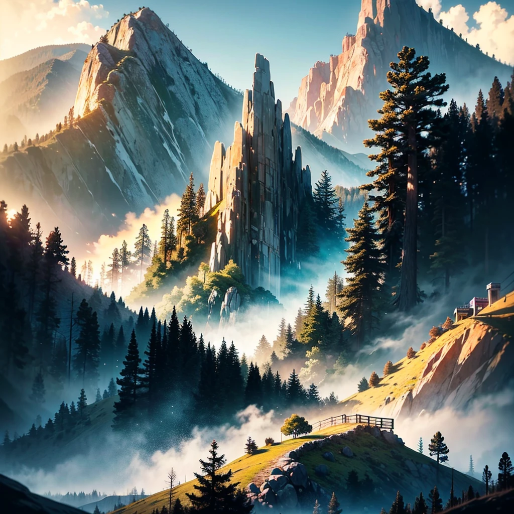 Create an album cover featuring a landscape that evokes the grandeur of California. The image should include towering mountains in the background with rugged peaks and a majestic presence. In the foreground, incorporate tall, dense trees such as pines and sequoias, capturing the essence of Californian forests. Use dark color tones to create a mysterious and deep atmosphere, with a palette including navy blue, dark green, brown, and touches of black. Prominently feature the iconic Hollywood sign nestled among the hills, adding a cultural landmark to the scene. The sky should have a twilight hue, with heavy clouds and a subtle golden light from the setting sun. Add subtle elements that reference Californian culture, such as a winding road in the distance, vintage signage, or the silhouette of a surfer in the background. The image should convey the grandeur and natural beauty of California, with an introspective atmosphere and a touch of mystery.
