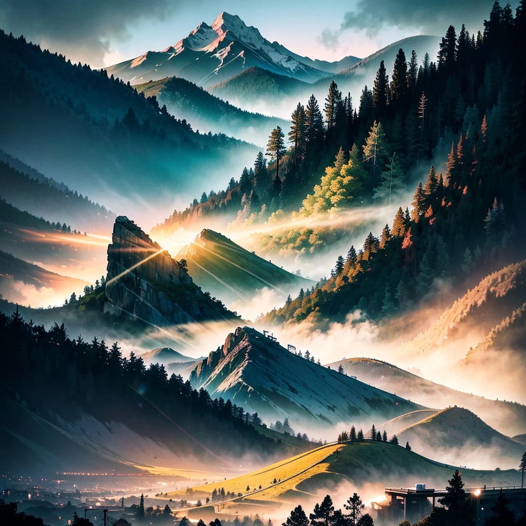 Create an album cover featuring a landscape that evokes the grandeur of California. The image should include towering mountains in the background with rugged peaks and a majestic presence. In the foreground, incorporate tall, dense trees such as pines and sequoias, capturing the essence of Californian forests. Use dark color tones to create a mysterious and deep atmosphere, with a palette including navy blue, dark green, brown, and touches of black. Prominently feature the iconic Hollywood sign nestled among the hills, adding a cultural landmark to the scene. The sky should have a twilight hue, with heavy clouds and a subtle golden light from the setting sun. Add subtle elements that reference Californian culture, such as a winding road in the distance, vintage signage, or the silhouette of a surfer in the background. The image should convey the grandeur and natural beauty of California, with an introspective atmosphere and a touch of mystery.