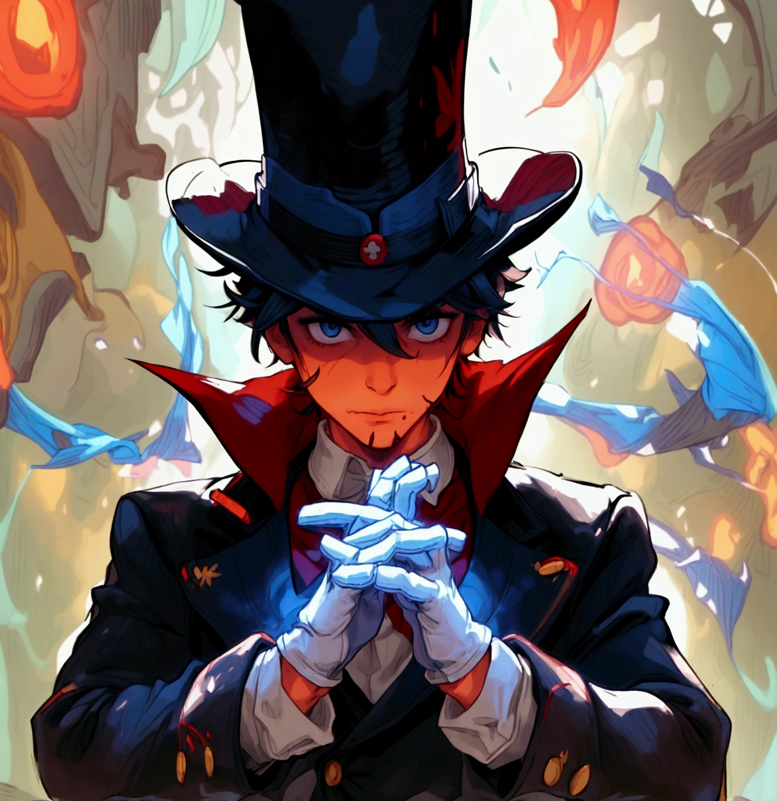 A guy who has no face, no eyes or nose, but has a mouth full of sharp teeth, he wears a blue overcoat, yellow fedora and a red scarf around his neck. Helluva boss Style, Hazbin hotel Style, his skin is flourescent blue.