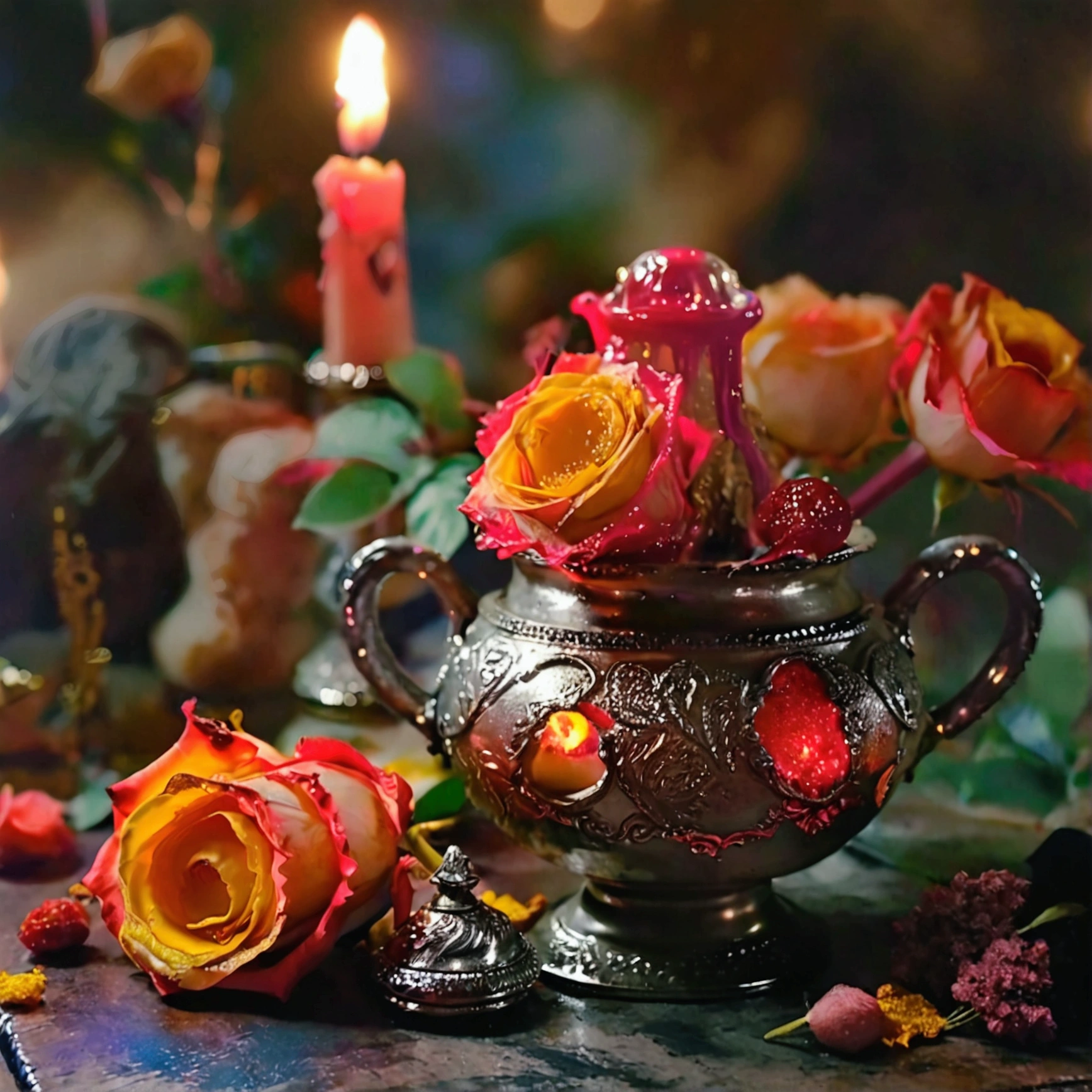 a dark love ritual, just the table with love ritual products
