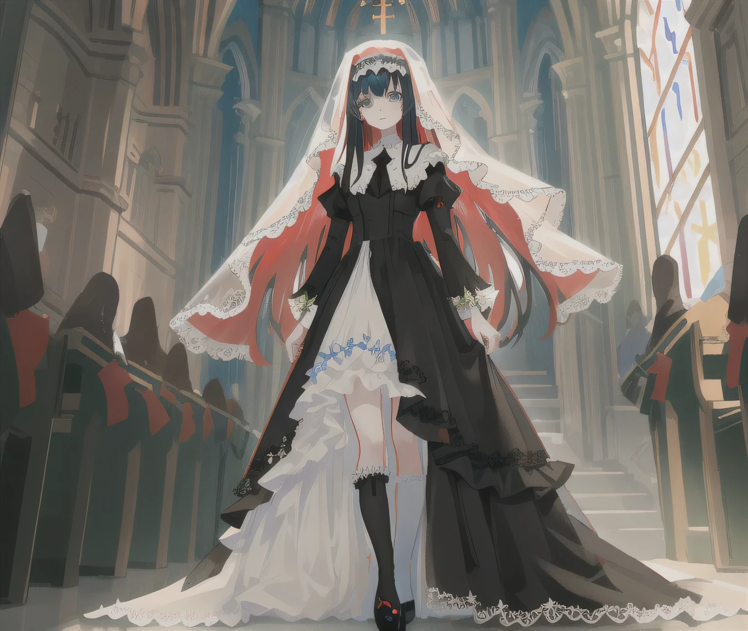 {{{masterpiece}}}, {{best quality, super fine illustration}}, ((dense hair)), ((beautiful eyes)),{perfect and delicate limbs}, {{very fine 8K CG wallpaper}}, ((an extremely delicate and beautiful girl)), dynamic angle, solo, (nakamura_yuri-22500-41000:1.0), 1 (emotionless and shy:1.3) (holy:1.6) (bride:1.1) (standing in detailed church and wedding:1.5) with red hairband and blue eyes and (black long hair:1.3) and (gigantic breasts:1.0) and (wearing very long frilled wedding dress spreading on the floor:1.3) and (green bow on head:1.2) and (thick thighs and black legwear:1.4) and blush, (full body:1.3),