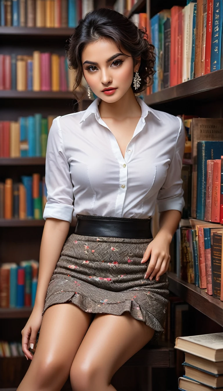 (((beautiful beautiful Isabela Merced, posing for photoshots, looking sexy, ruffled lips, extremely beautiful eyes))), ((wearing floral silver necklace)), realistic photoshotgraph, highy detailed, Spitz focus, (Main lighting), (indoor bookstore environment), work of art, very short and curly hair, bangss, bangss covering forehead, extremely beautiful, Perfect beauty, (perfect shape body, Broad Hips, small waist, thick-thighs, firm abs, Body cute, sexy legs, gorgeous knees knees, kneecaps, focus on the knees, breasts small), ((30 years old)), (extremely detaild 8k wallpaper), ((face detailed)), (((wearing white shirt, saia curta de tweed, kneecaps, knees, nylons with a seam, Strad sandals)), (long dark eyelashes), (((aretes))), (looking at the camera), (((kneecaps)))) (glamor model), (seductive facial expression) (((standing between tall shelves full of books))), extremely detaild, work of art, details Intricate, highy detailed, Spitz focus, skin detailed, realistic skin texture, texture, detailedeyes, high resolution, kodak vision color, photoshot_\(ultra\), Post-processing, maximum detail, roughness, real-life, ultra realistic, photoshotrealism, photoshotgraphy, absurderes, RAW photoshot, highest quallity, high detail RAW color photoshot, professional photoshot, extremely detaild UHD 8k wallpaper unit, best qualityer, high resolution, (work of art, maximum quality, high resolution:1.4), photoshot, cinematic, Film grain, Spitz, soft natural light, magic photoshotgraphy, super verbose