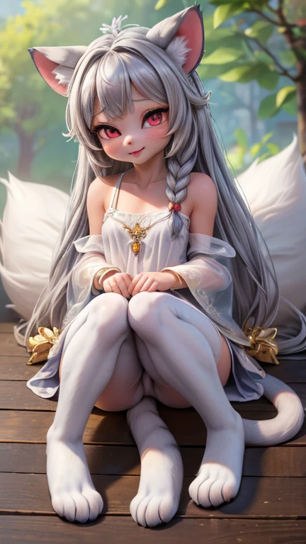 Full body photo of girl（detail：1.4），(-yeld beiful girl:1.6),（in a panoramic view：1.2，full bodyesbian：1.2） (:1.2) Filtering anatomy correct，Erotic, perfectly proportions, adorable, Beautiful silky silver-gray hair, side braids hair, cat furry tail, maximum definition and sharpness,red eyes,(beautiful and detailed eye:1.3),(very happy:1) perfect face, gorgeous hair jewelry, cat-shaped headdress masterpiece, (see-through clothes :1.2), (furry anthro:1.7)(((body, features of girl, Features of the furry lower body animal ),look from under, opening her Small-shaped legs, Small-shaped legs and feet,, leg raised, furry silk white pantyhose, furry feet body animal, Jewelry feet, hight resolution、high-level image quality、8K、Real live-action、Raw photography、top-quality、​masterpiece、masutepiece
