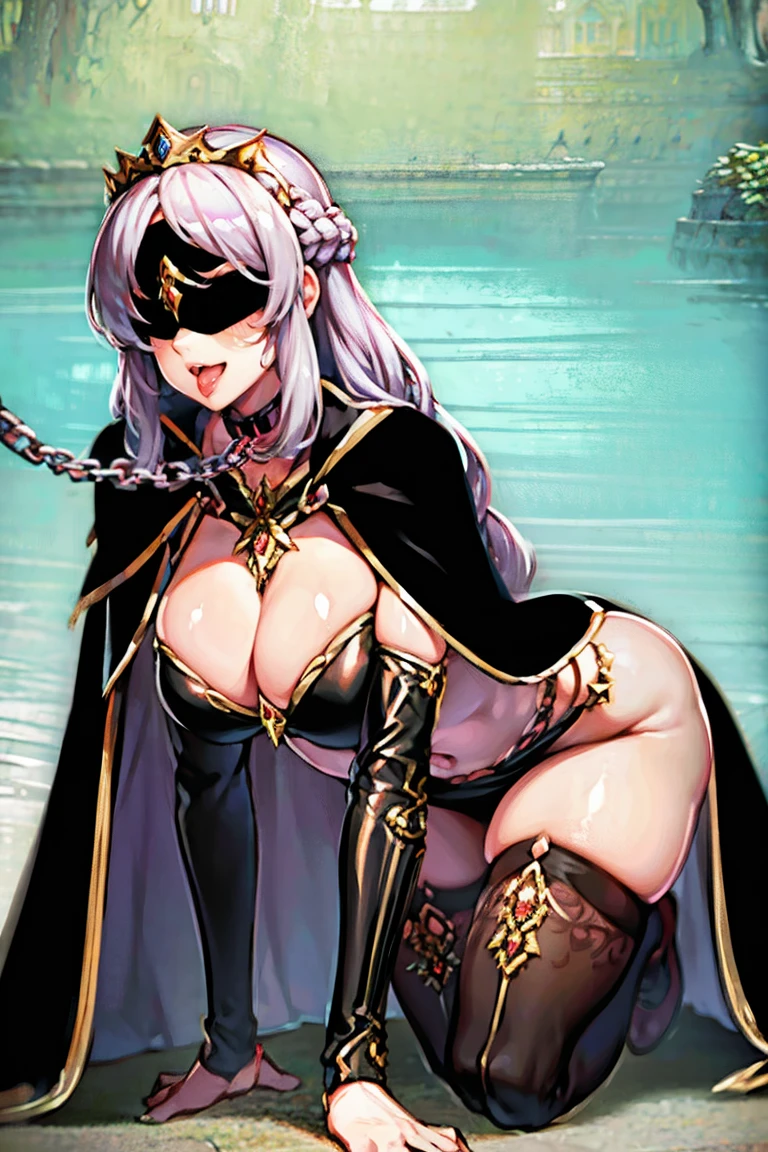 (masterpiece, best quality:1.2), 1girl, solo, tiara, silver hair, cleavage, (30 years old) , woman, long hair, beautiful, masterwork, ultra high res, ultra detailed, super fine illustration, cg unity 8k wallpaper, ultra detailed beautiful face, perfect hands, adult, (((black cape))), gleaming skin, oil skin, shiny skin, sweat, lips, crown braid, jewelry, necklace, long sleeves, ring, covered navel, lips, dress, belt, (((black corset))), full body, (((thighhighs))), knee boots, dare thighs, black clothes, (((drape skirt, black skirt, side slit))), white skirt, perfect proportion, perfect body, perfect anatomy, white sleeves, clothed, white breastplate, (((blindfold))), (((viewer holding chain leash, chain leash, animal collar))), ((((((animal collar connected chain leash)))))), ((((((chain leash)))))), (((hand on the ground, on all fours))), sexual ecstasy smile, full face blush, fucked silly, smile broadly, (((open mouth, long tongue, stick out tongue, tongue out))), vulgarity, bangs, happy,